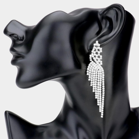 Fringe Silver Rhinestone Dangle Earrings 3.25" Tassel Formal Statement Accessory - Picture 1 of 2